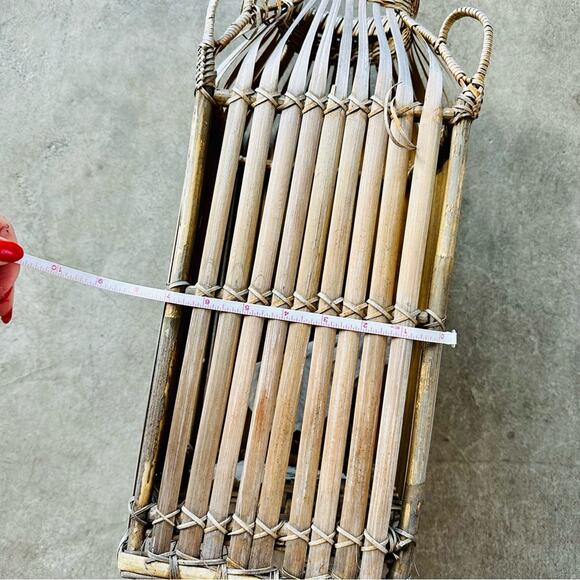 VINTAGE Brown Wood Wicker Woven Tall Basket Accent Decor Vase Handles Y2K 90s - Picture 6 of 8